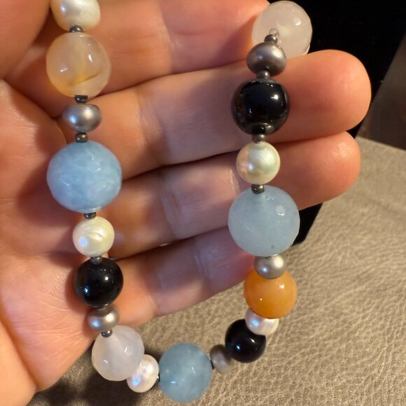 Genuine semi-precious beads & pearl silver necklace 18 inch handmade in Italy - Picture 7 of 8